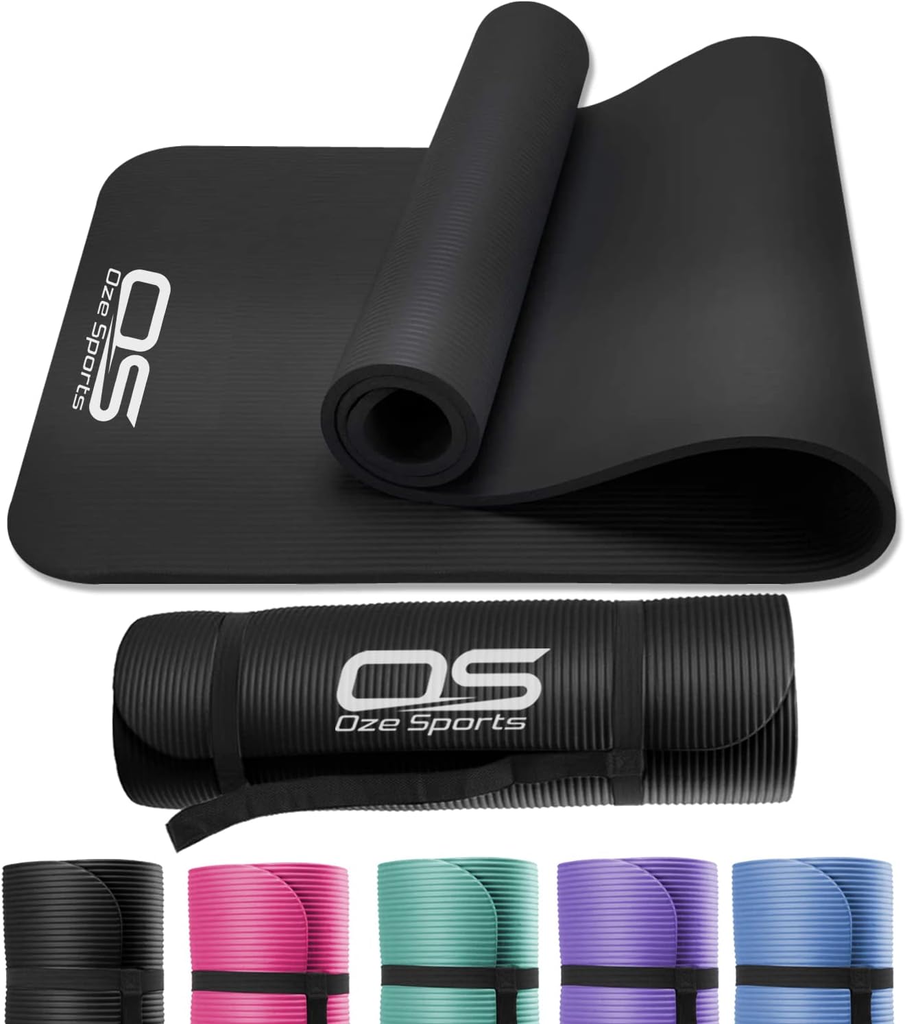 OZE SPORTS Yoga Mat, NBR Foam, Extra Thick, Non-Slip, High Density, Large, with Carry Strap (Black) for sale on BNS