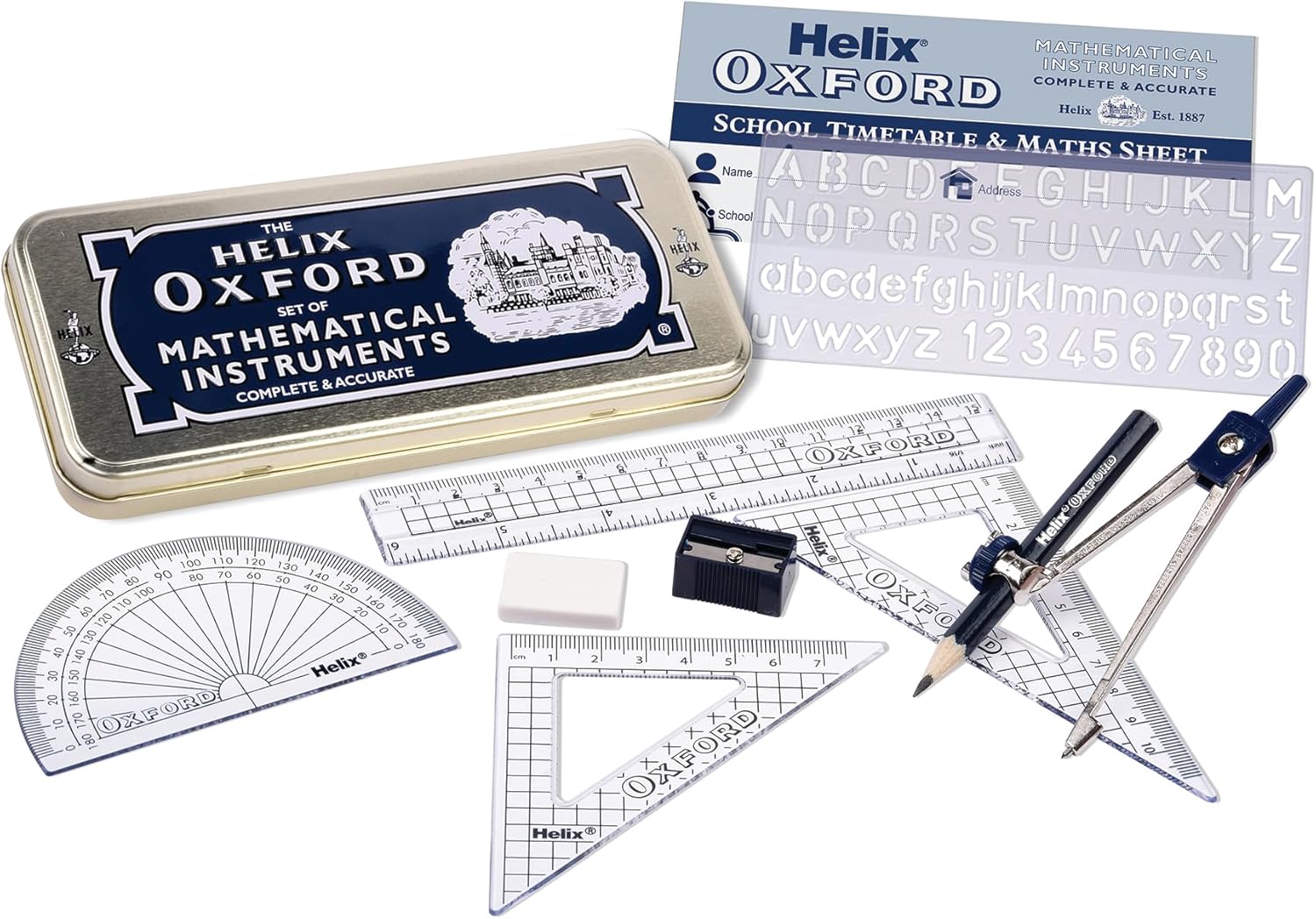 Helix Oxford Maths Set with Storage Tin - 10 Piece Equipment Set for sale on BNS